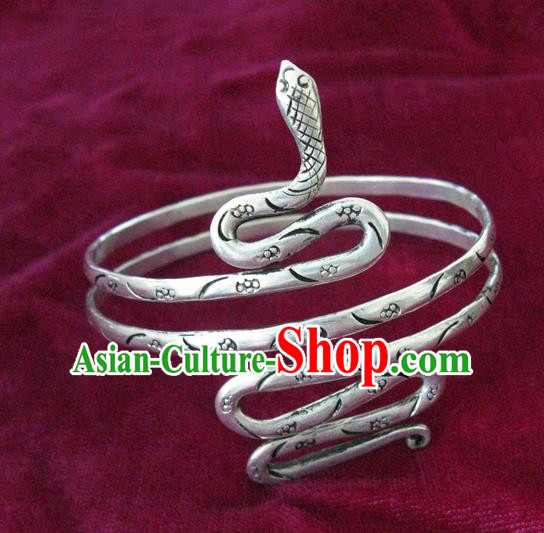 Chinese Miao Nationality Silver Ornaments Traditional Hmong Handmade Snake Bracelets for Women