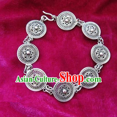 Chinese Miao Nationality Ornaments Traditional Hmong Handmade Filigree Sliver Bracelet for Women