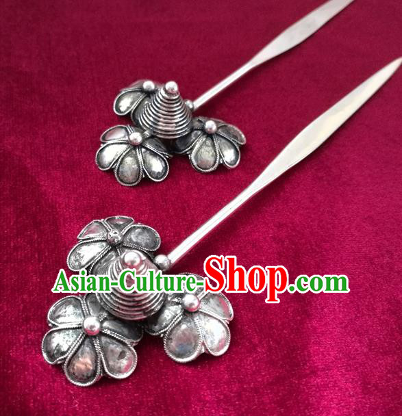 Chinese Traditional Miao Nationality Hair Accessories Hanfu Sliver Flowers Hairpins for Women