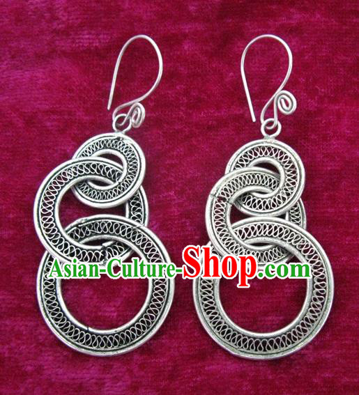 Chinese Handmade Miao Nationality Earbob Jewelry Accessories Hmong Sliver Earrings for Women