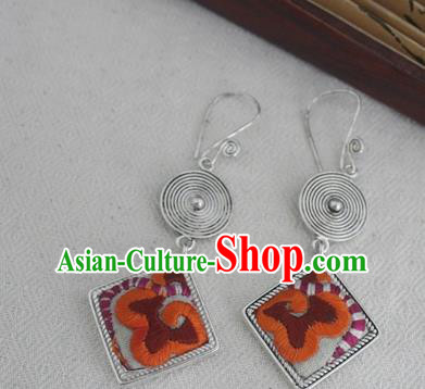 Chinese Handmade Miao Nationality Jewelry Accessories Embroidered Orange Earbob Hmong Earrings for Women