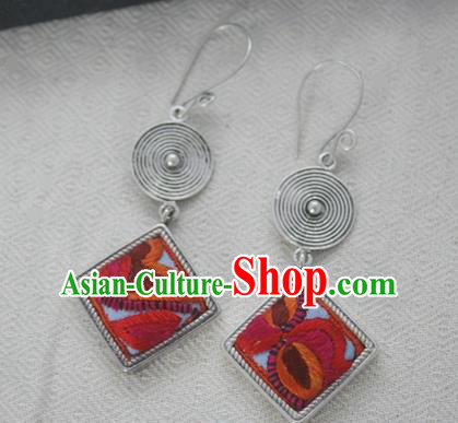 Chinese Handmade Miao Nationality Jewelry Accessories Sliver Red Embroidered Earbob Hmong Earrings for Women