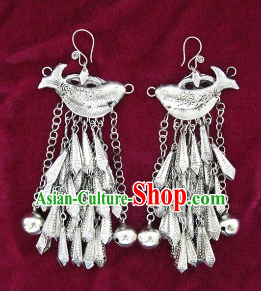 Chinese Handmade Miao Nationality Jewelry Accessories Hmong Sliver Fish Earrings for Women