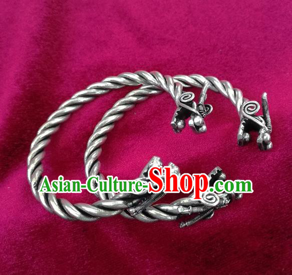 Chinese Miao Nationality Ornaments Sliver Accessories Traditional Hmong Dragon Head Bracelet for Women