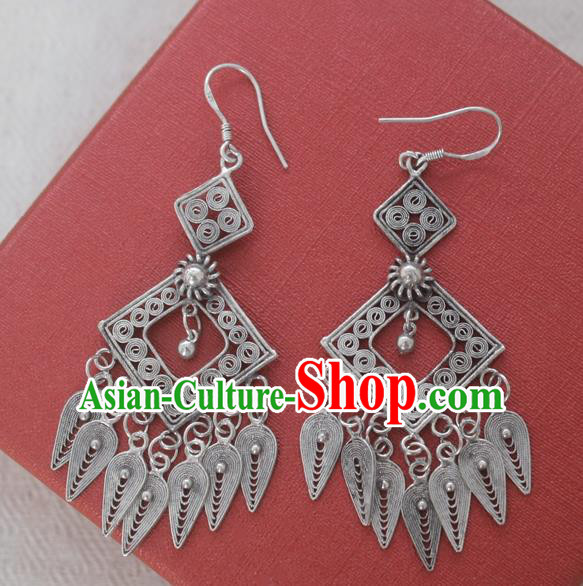 Chinese Handmade Miao Nationality Tassel Eardrop Jewelry Accessories Hmong Sliver Earrings for Women