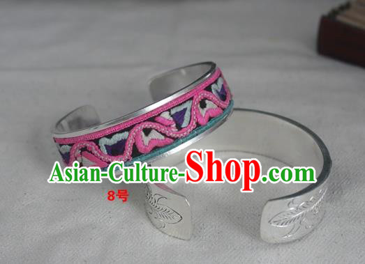 Chinese Miao Nationality Ornaments Embroidered Bracelet Traditional Hmong Sliver Bangle for Women