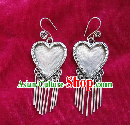 Chinese Handmade Miao Sliver Heart-shaped Eardrop Hmong Nationality Tassel Earrings for Women