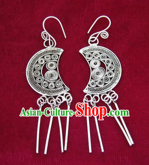 Chinese Handmade Miao Sliver Moon Eardrop Hmong Nationality Earrings for Women