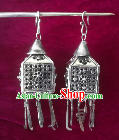 Chinese Handmade Miao Sliver Pierced Eardrop Hmong Nationality Earrings for Women