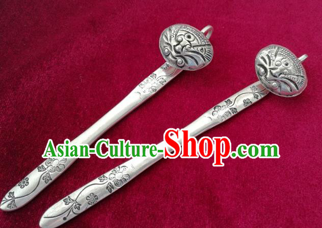 Traditional Chinese Miao Nationality Carving Sliver Hair Clip Hanfu Hairpins Hair Accessories for Women