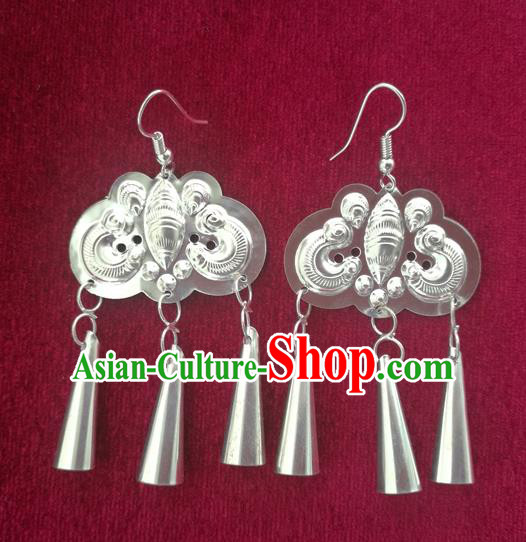 Chinese Handmade Miao Sliver Exaggerated Eardrop Hmong Nationality Butterfly Earrings for Women