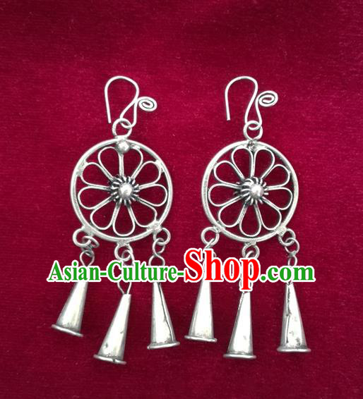 Chinese Handmade Miao Sliver Trumpet Eardrop Hmong Nationality Earrings for Women