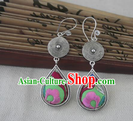 Chinese Handmade Miao Sliver Eardrop Hmong Nationality Embroidered Green Earrings for Women
