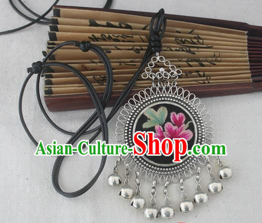 Chinese Miao Sliver Ornaments Embroidered Necklace Hmong Handmade Necklet Pendant for Women