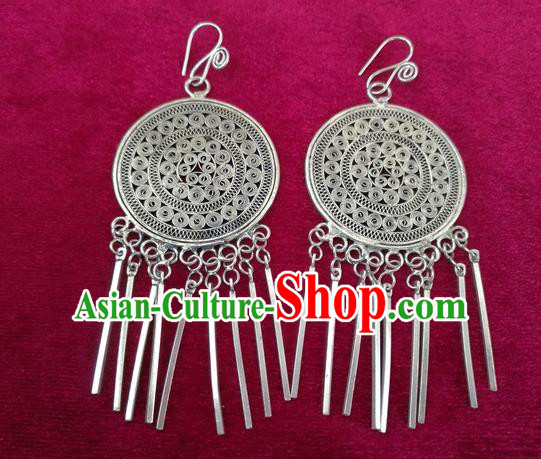 Chinese Handmade Miao Sliver Tassel Eardrop Hmong Nationality Earrings for Women