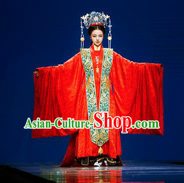 Chinese Ancient Ming Dynasty Empress Wedding Embroidered Costumes and Headpiece Complete Set