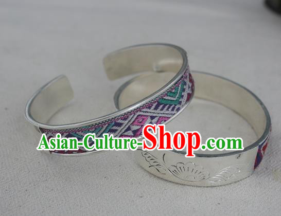 Chinese Miao Sliver Ornaments Embroidered Bracelet Traditional Hmong Handmade Bangle for Women