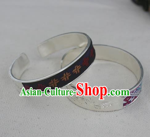 Chinese Miao Sliver Ornaments Embroidered Black Bracelet Traditional Hmong Handmade Sliver Bangle for Women