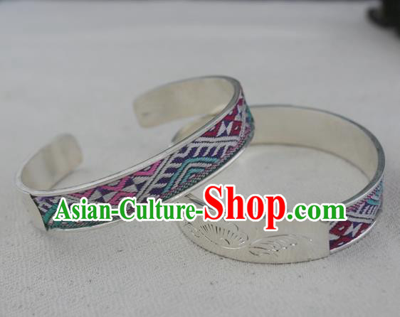 Chinese Miao Sliver Ornaments Bracelet Traditional Hmong Handmade Embroidered Sliver Bangle for Women