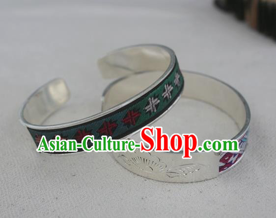 Chinese Miao Sliver Ornaments Bracelet Traditional Hmong Handmade Embroidered Green Sliver Bangle for Women