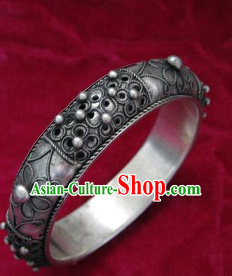 Chinese Miao Sliver Ornaments Bracelet Traditional Hmong Handmade Sliver Bangle for Women