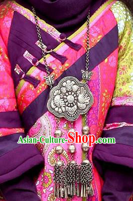 Chinese Miao Sliver Ornaments Necklace Longevity Lock Traditional Hmong Carving Necklet Pendant for Women