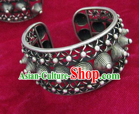 Chinese Miao Sliver Ornaments Rivet Bracelet Traditional Hmong Handmade Sliver Bangle for Women