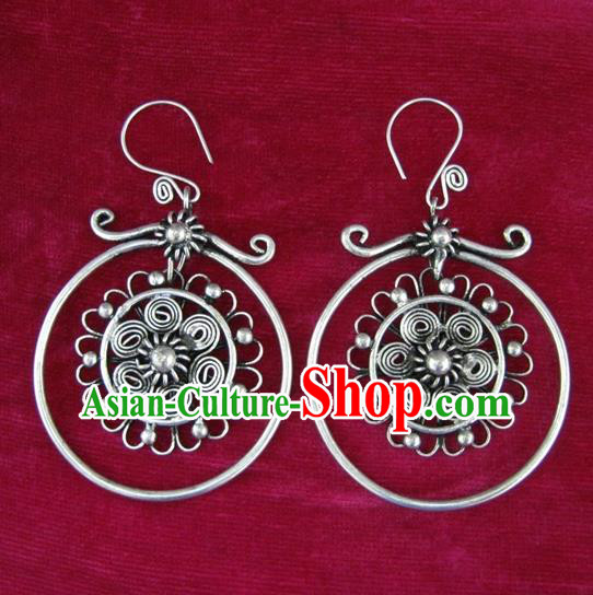 Chinese Handmade Miao Sliver Flower Earrings Hmong Nationality Eardrop Pendant for Women