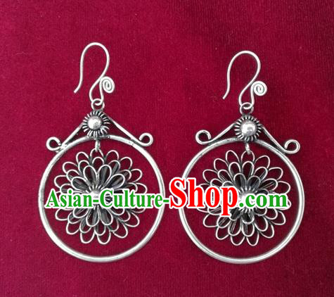 Chinese Handmade Miao Sliver Flower Earrings Hmong Nationality Eardrop for Women