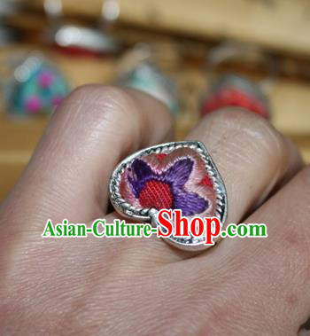 Chinese Miao Sliver Ornaments Rings Traditional Hmong Embroidered Pink Finger Ring for Women