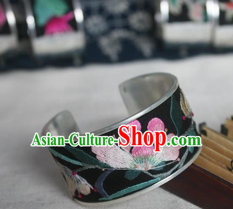 Chinese Miao Sliver Ornaments Bracelet Traditional Hmong Handmade Sliver Embroidered Orchid Bangle for Women