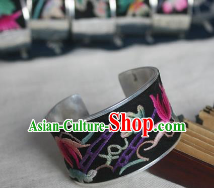 Chinese Miao Sliver Ornaments Embroidered Bracelet Traditional Hmong Handmade Sliver Bangle for Women