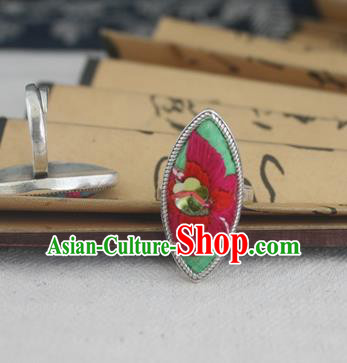 Chinese Traditional Miao Sliver Ornaments Willow Leaf Ring Traditional Hmong Embroidered Rings for Women