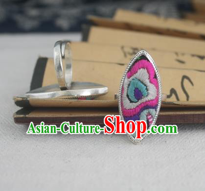 Chinese Traditional Miao Sliver Embroidered Willow Leaf Ring Traditional Hmong Rings for Women