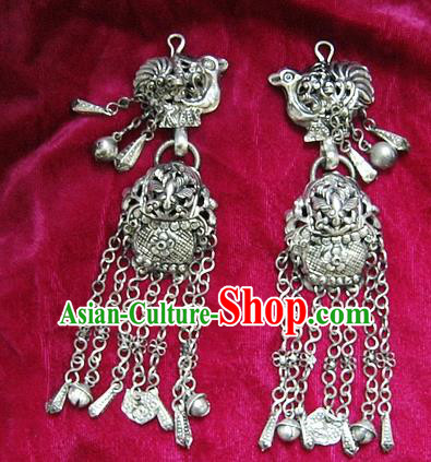 Chinese Handmade Miao Sliver Earrings Hmong Nationality Eardrop Pendant for Women