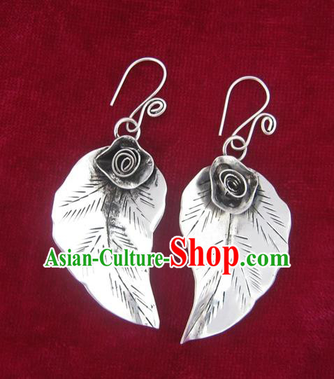 Chinese Miao Sliver Ornaments Flower Earrings Traditional Hmong Eardrop for Women
