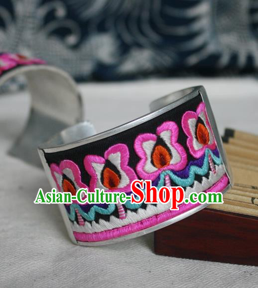 Chinese Miao Sliver Ornaments Embroidered Wide Bracelet Traditional Hmong Handmade Sliver Bangle for Women