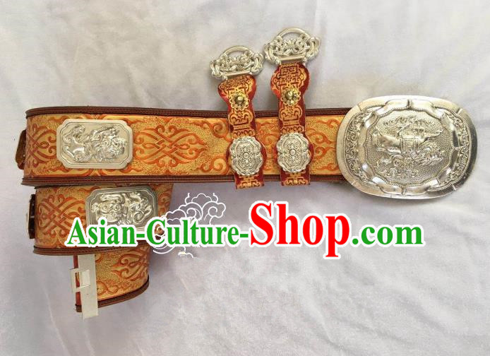 Traditional Chinese Mongol Nationality Leather Waistband Mongolian Robe Green Belts for Men