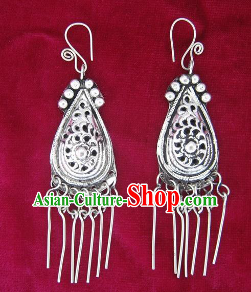 Chinese Miao Sliver Tassel Earrings Ornaments Traditional Hmong Sliver Eardrop for Women