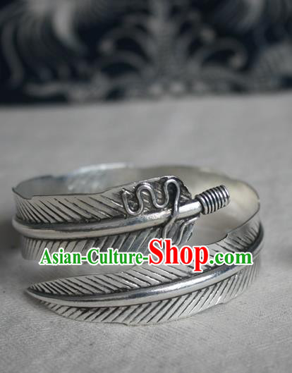 Chinese Miao Sliver Ornaments Feather Bracelet Traditional Hmong Handmade Sliver Bangle for Women