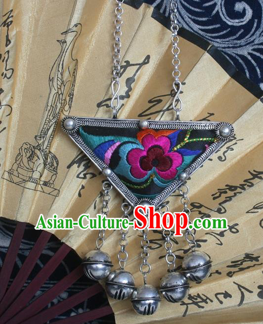 Chinese Miao Sliver Bells Tassel Sweater Chain Ornaments Traditional Hmong Embroidered Necklace for Women