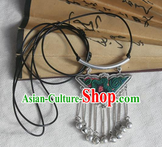 Chinese Miao Sliver Bells Tassel Sweater Chain Ornaments Traditional Hmong Embroidered Necklace for Women