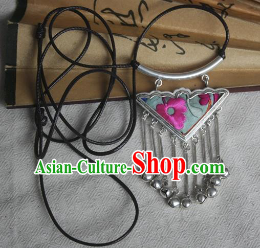 Chinese Miao Sliver Bells Tassel Sweater Chain Ornaments Traditional Hmong Embroidered Light Green Necklace for Women