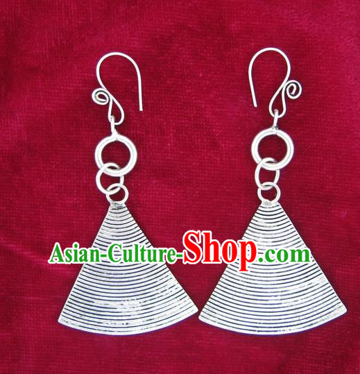 Chinese Miao Sliver Eardrop Ornaments Traditional Hmong Carving Sliver Earrings for Women