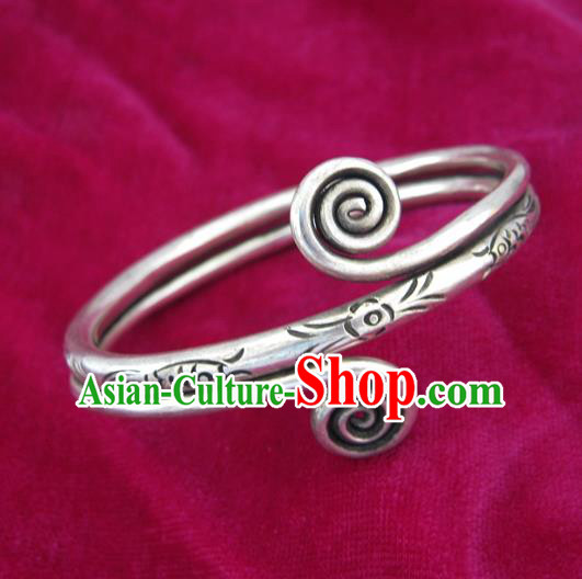 Handmade Chinese Miao Sliver Ornaments Carving Bracelet Traditional Hmong Exaggerated Sliver Bangle for Women