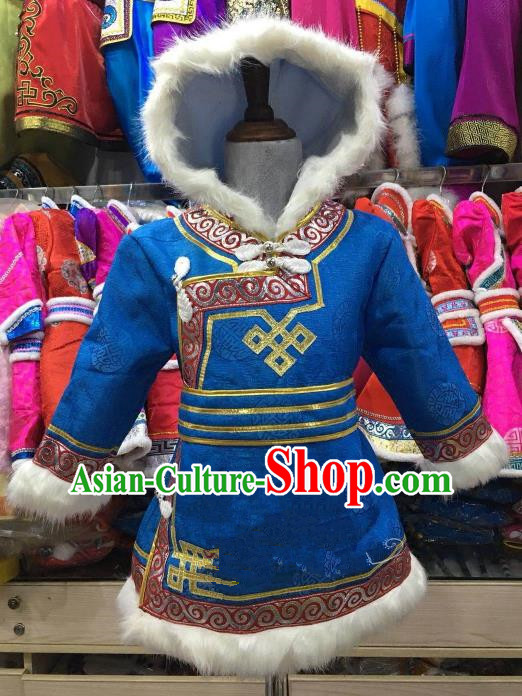 Chinese Traditional Girls Blue Mongolian Robe, China Mongolian Minority Folk Dance Ethnic Costume for Kids