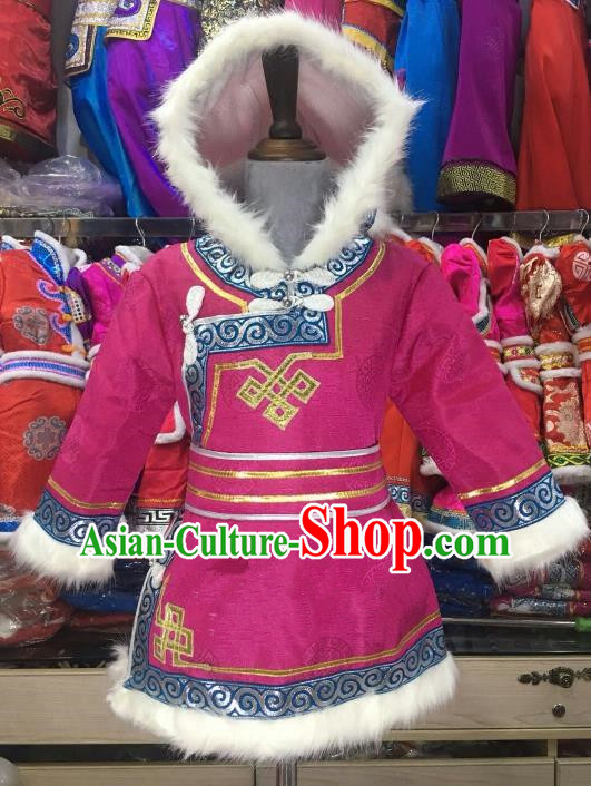 Chinese Traditional Girls Rosy Mongolian Robe, China Mongolian Minority Folk Dance Ethnic Costume for Kids