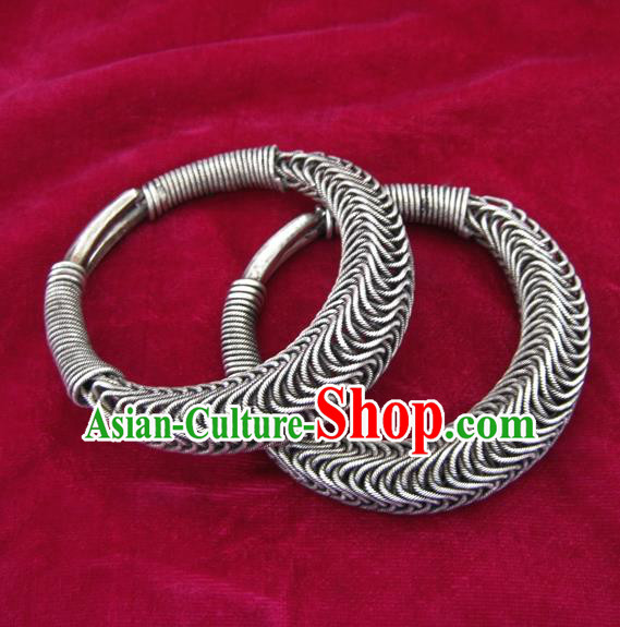 Handmade Chinese Miao Sliver Ornaments Exaggerated Bracelet Traditional Hmong Sliver Bangle for Women
