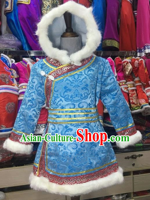 Chinese Traditional Mongol Nationality Girls Blue Mongolian Robe, China Mongolian Minority Folk Dance Ethnic Costume for Kids