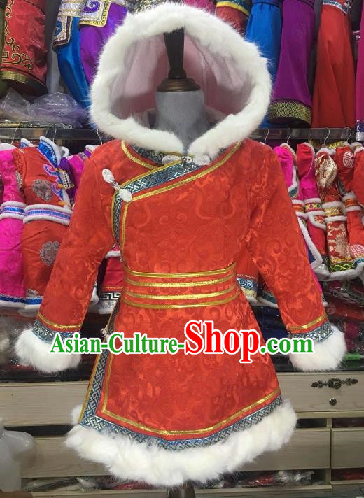 Chinese Traditional Mongol Nationality Girls Red Mongolian Robe, China Mongolian Minority Folk Dance Ethnic Costume for Kids